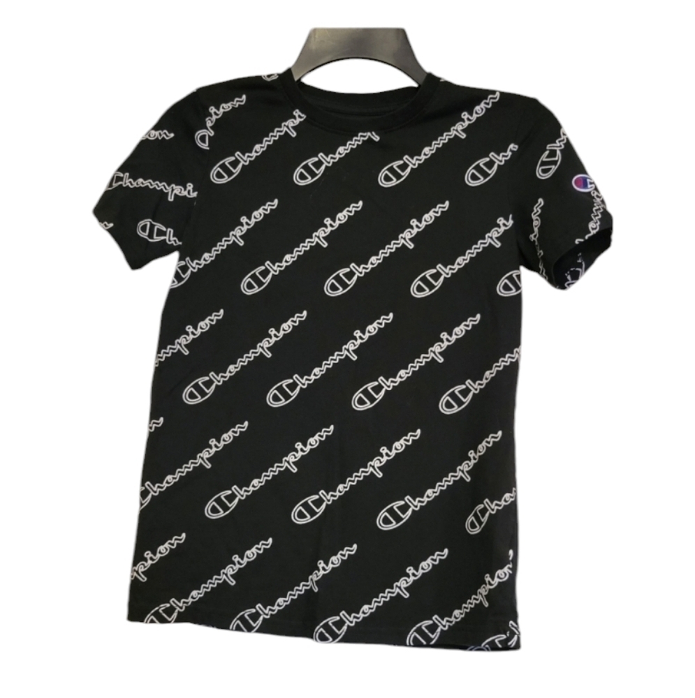 Champion boys black tshirt with white logo, short sleeve Size L